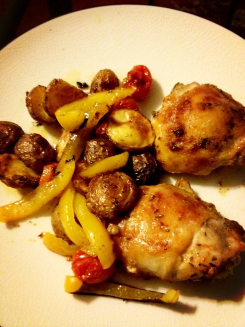 chicken thighs, potatoes, veg